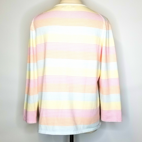 Neiman Marcus Pastel Stripe Longsleeve V-neck Cotton Blend Pullover Top, XL - Picture 2 of 8